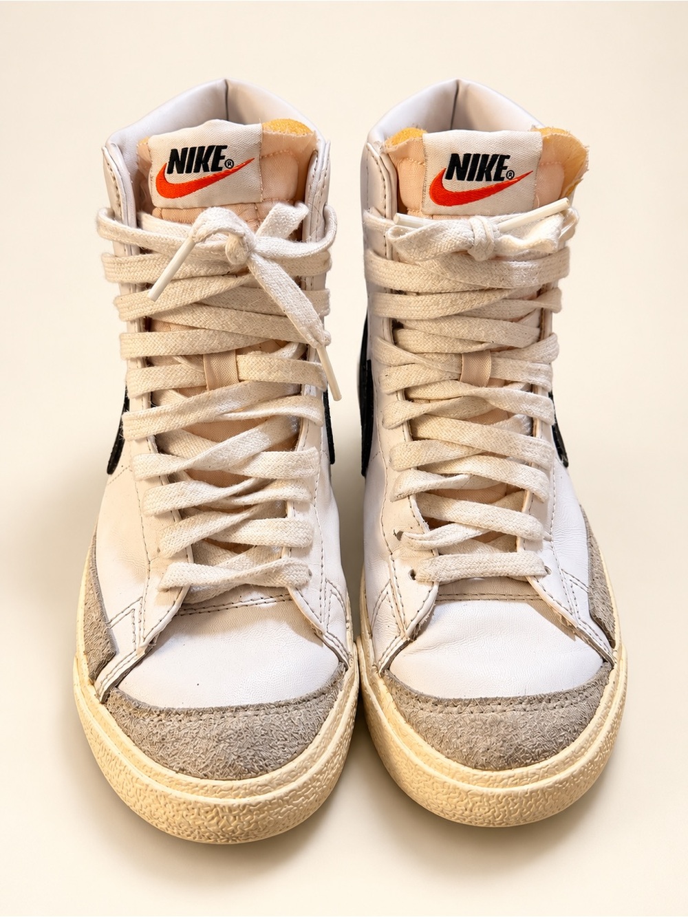Nike Men’s White and Beige High-Top Sneakers with Orange Logo